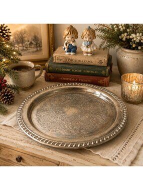 Leonard Silver Plated Engraved Round Serving Tray 12" Elegant Ornate Vintage